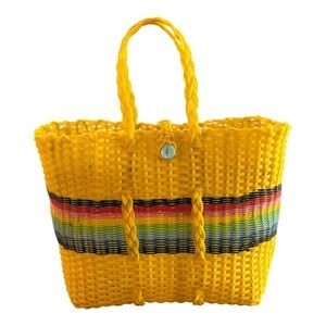 Plastic Woven Tote Bag Rainbow Stripe Button‎ Closure Beach Bag Yellow Vintage